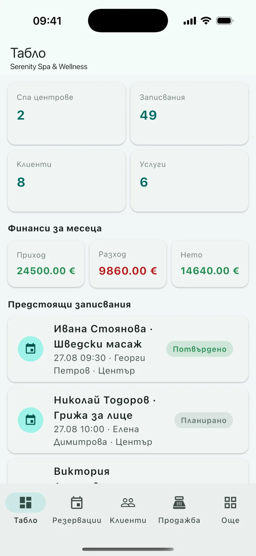 Мобилно приложение HMS Spa — Табло