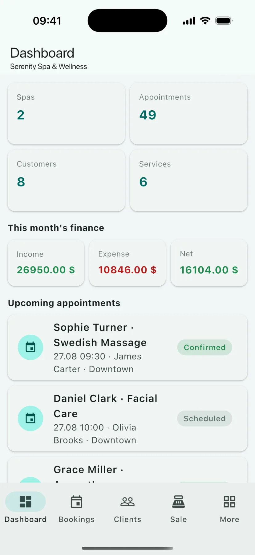 HMS Spa mobile app — Dashboard
