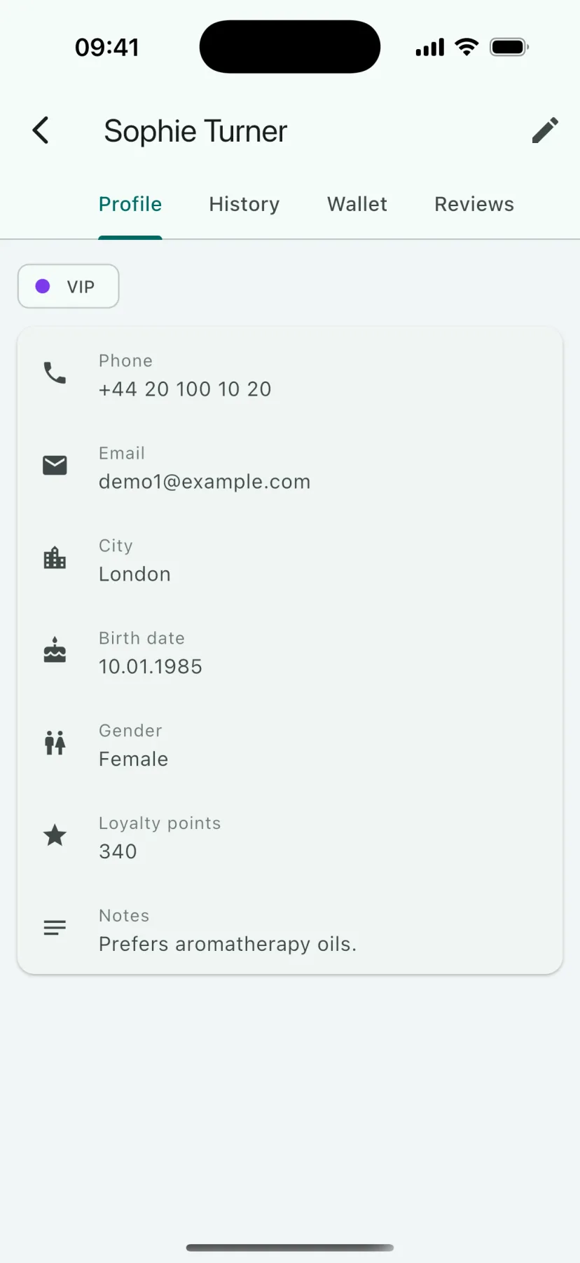 HMS Spa mobile app — Customer card