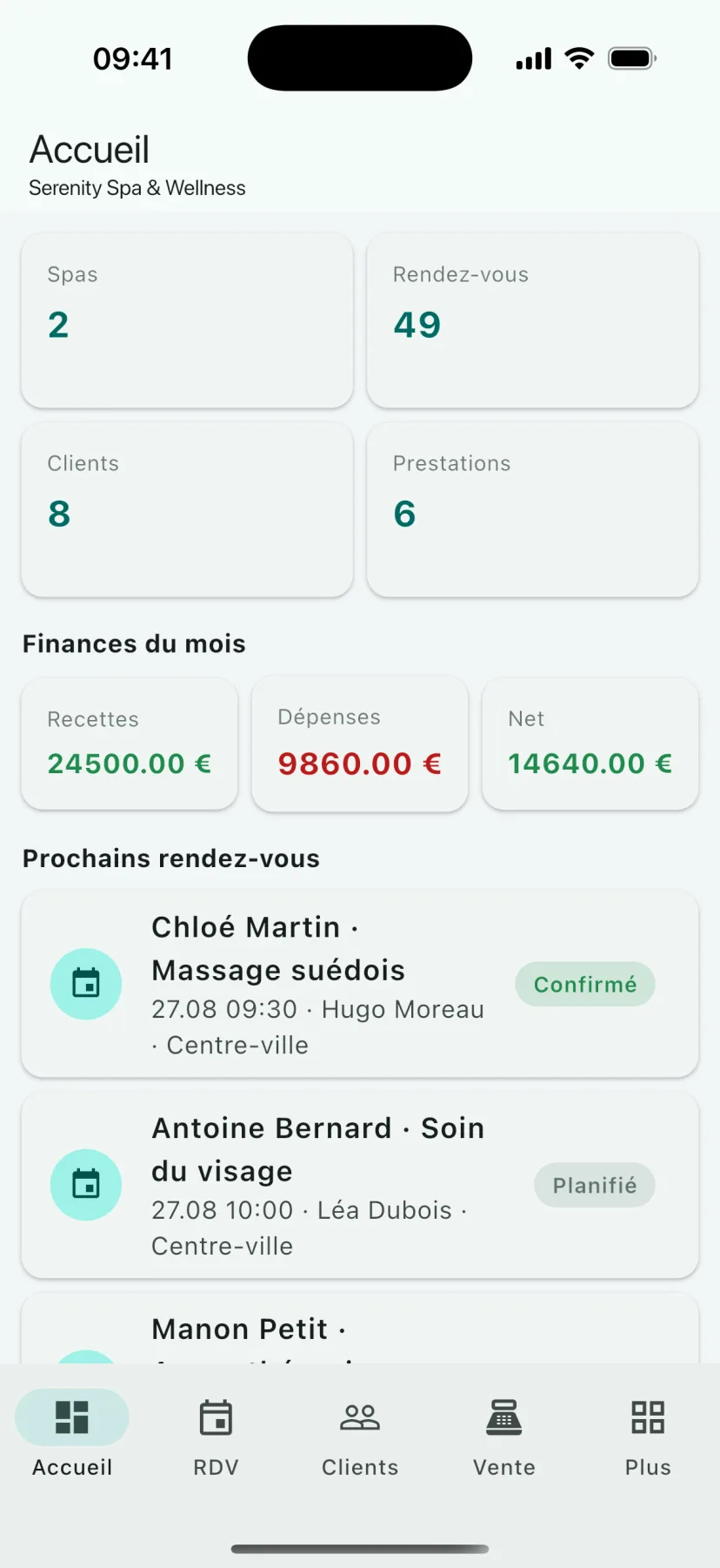 Application mobile HMS Spa — Tableau de bord