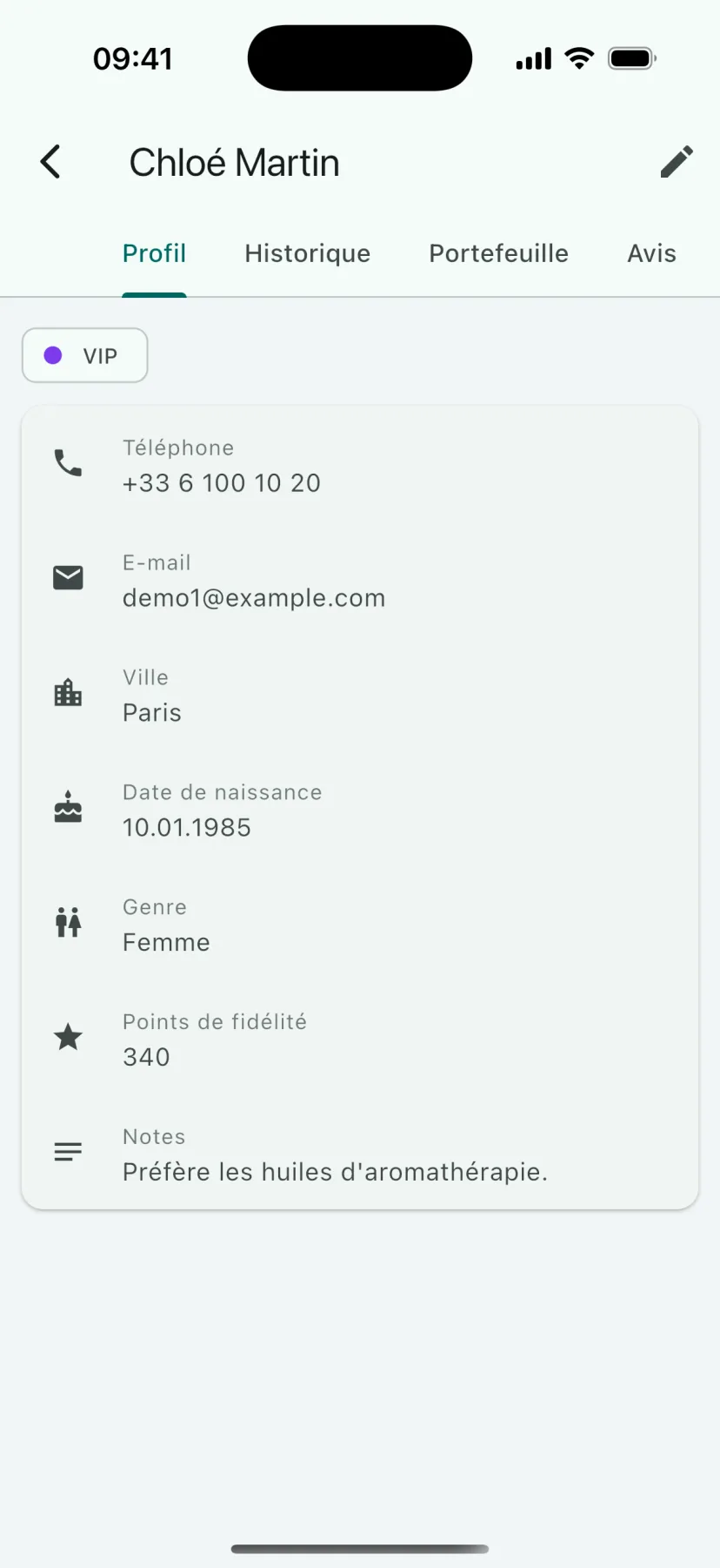 Application mobile HMS Spa — Fiche client