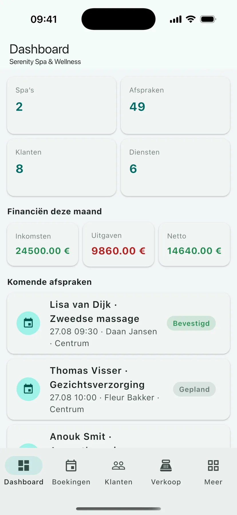 HMS Spa mobiele app — Dashboard