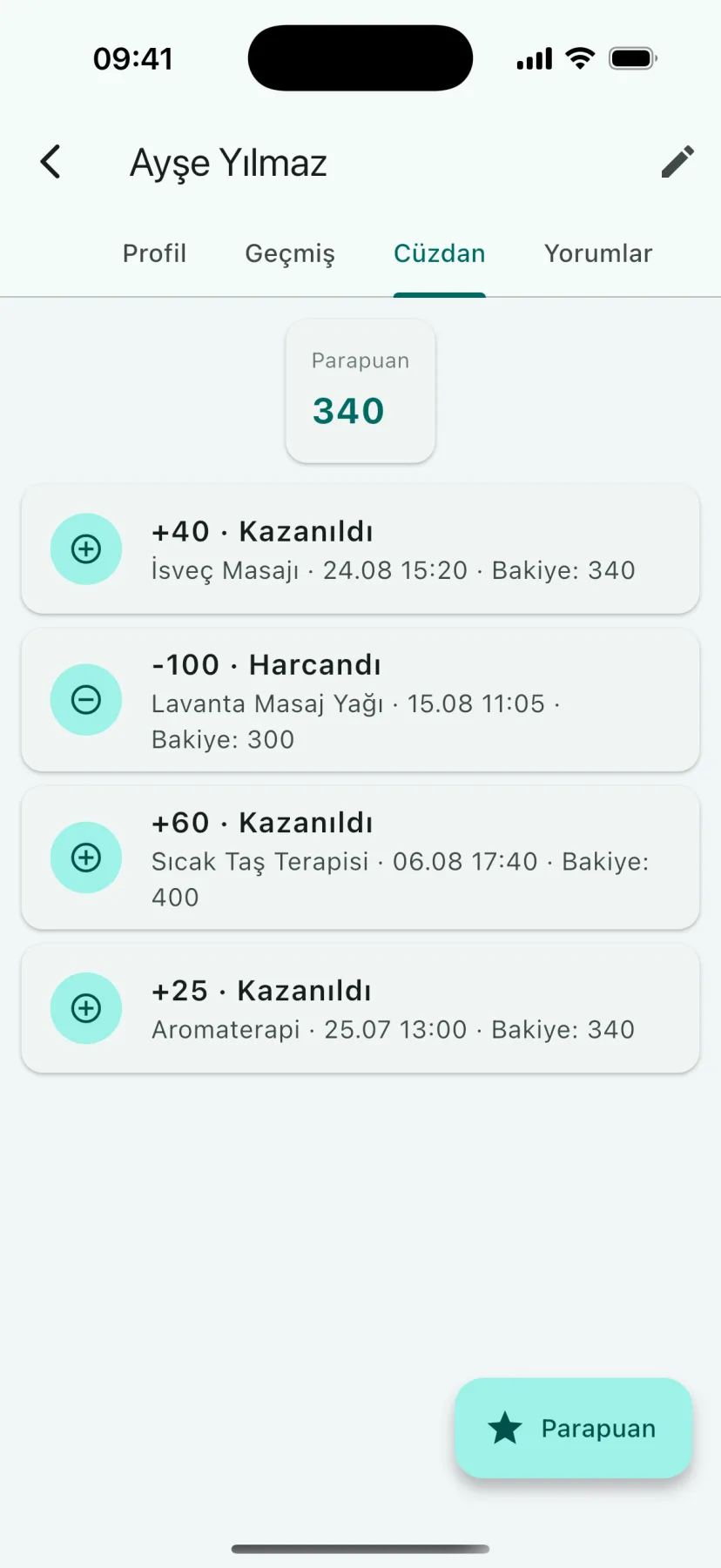HMS Spa mobil uygulaması — Parapuan cüzdanı
