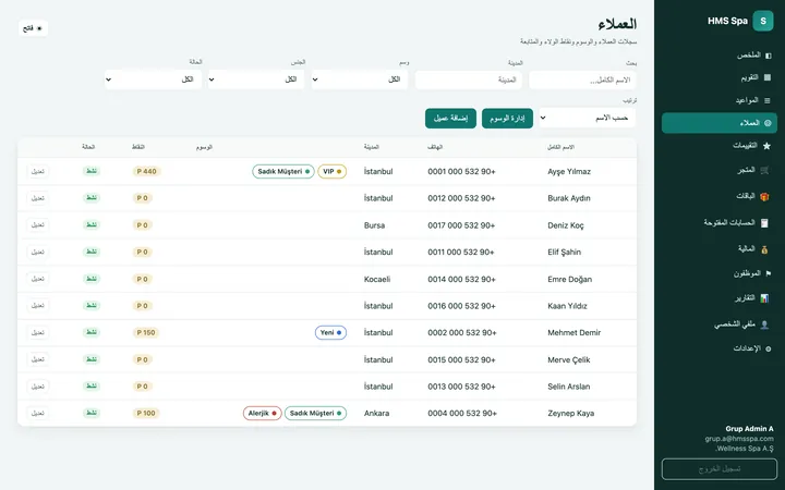 لوحة HMS Spa على الويب — العملاء
