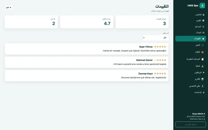 لوحة HMS Spa على الويب — المراجعات
