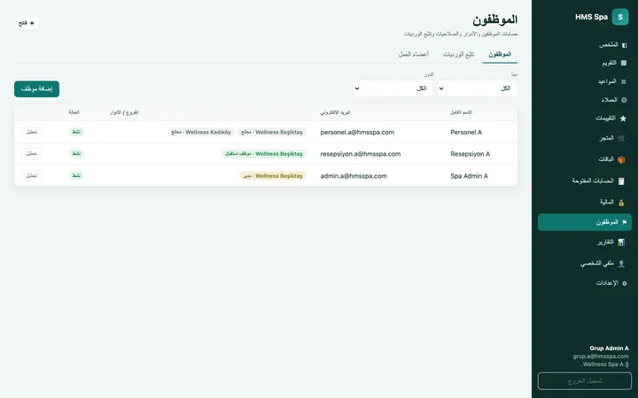 لوحة HMS Spa على الويب — الموظفون