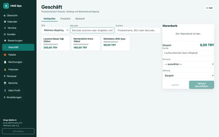 HMS Spa Web-Panel — Shop (Kasse)