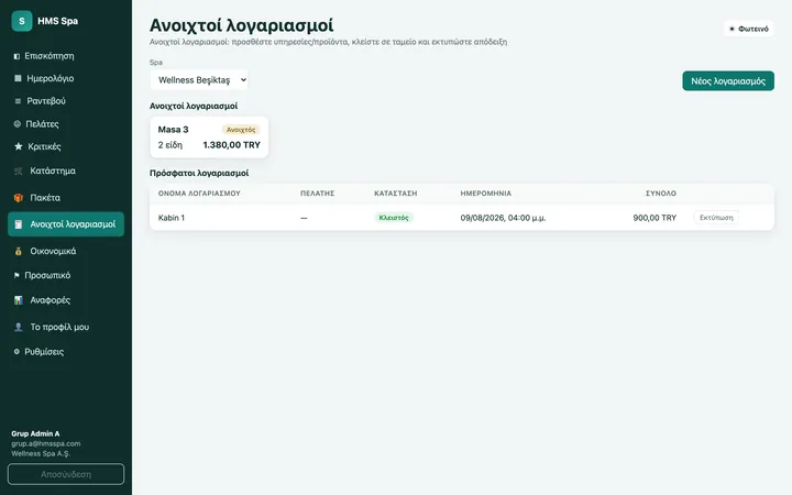 Πίνακας web HMS Spa — Ανοιχτοί λογαριασμοί