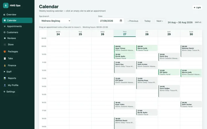 HMS Spa web panel — Calendar