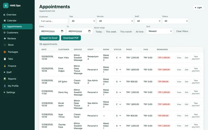 HMS Spa web panel — Appointments