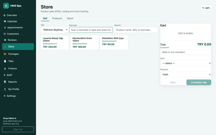 HMS Spa web panel — Store (POS)