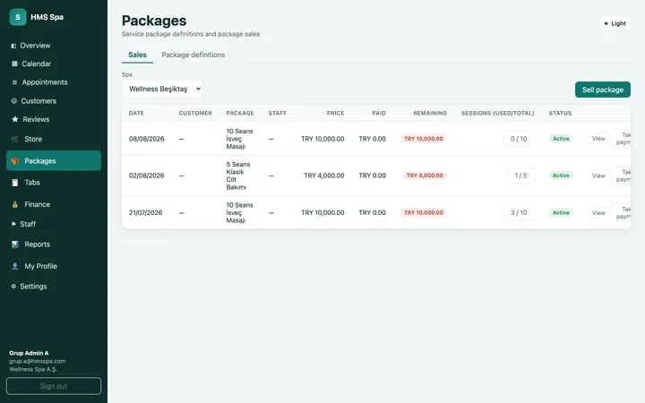 HMS Spa web panel — Packages