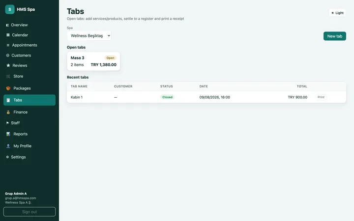 HMS Spa web panel — Open tabs