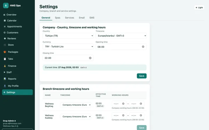 HMS Spa web panel — Settings