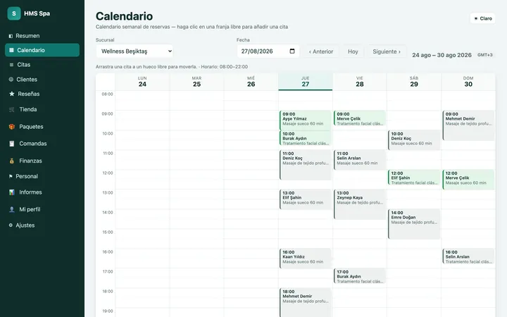 Panel web de HMS Spa — Calendario