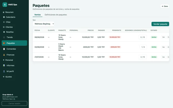 Panel web de HMS Spa — Paquetes