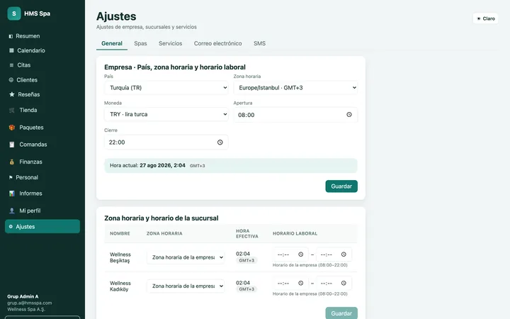 Panel web de HMS Spa — Ajustes
