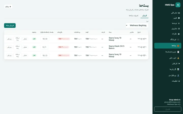 پنل وب HMS Spa — بسته‌ها