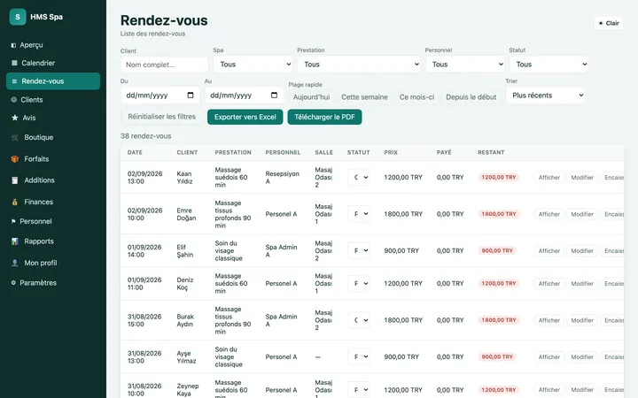 Panneau web HMS Spa — Rendez-vous