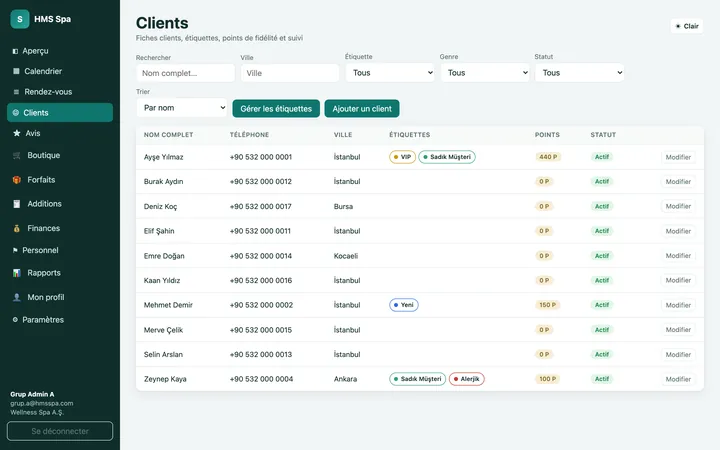 Panneau web HMS Spa — Clients