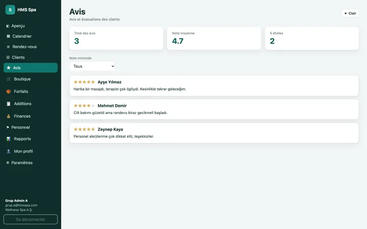Panneau web HMS Spa — Avis