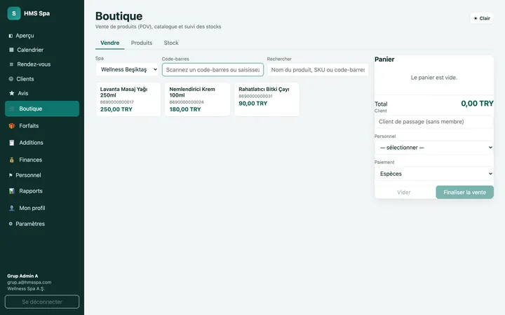 Panneau web HMS Spa — Boutique (caisse)
