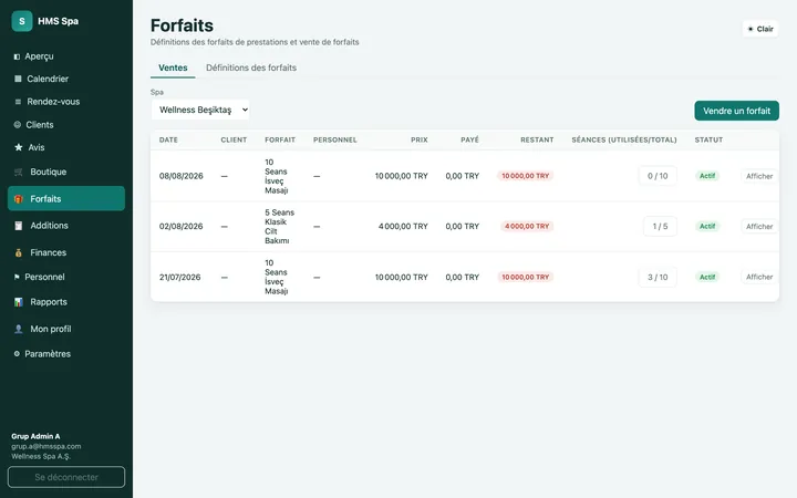 Panneau web HMS Spa — Forfaits