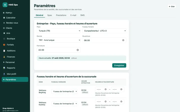 Panneau web HMS Spa — Paramètres
