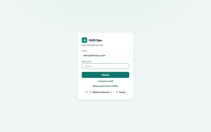 Panel web HMS Spa — Layar masuk