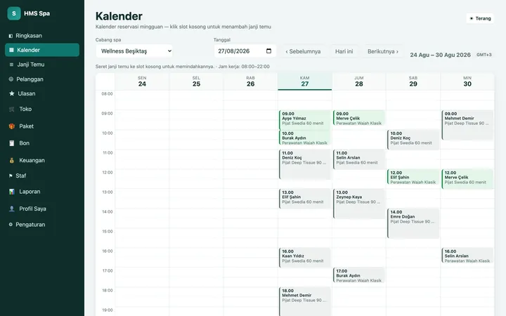 Panel web HMS Spa — Kalender