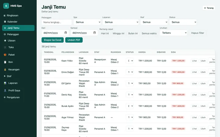 Panel web HMS Spa — Janji temu