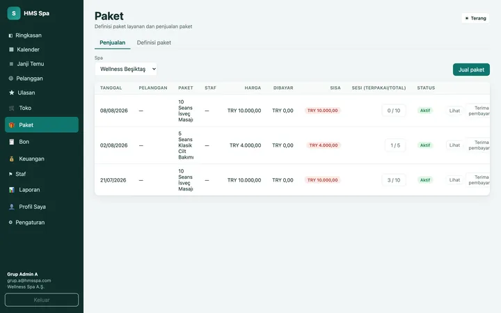 Panel web HMS Spa — Paket