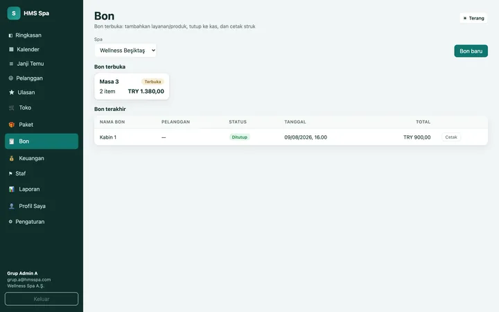 Panel web HMS Spa — Tagihan terbuka