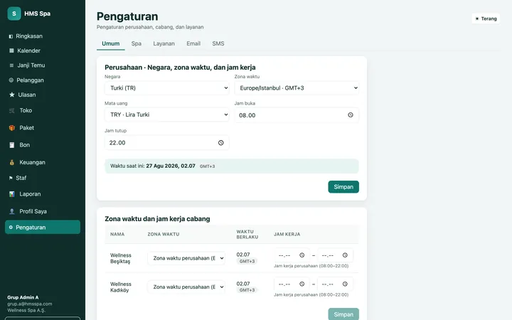 Panel web HMS Spa — Pengaturan