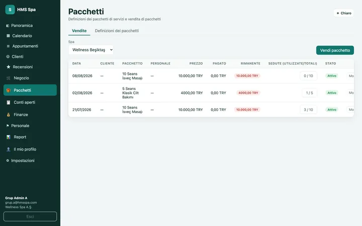 Pannello web HMS Spa — Pacchetti
