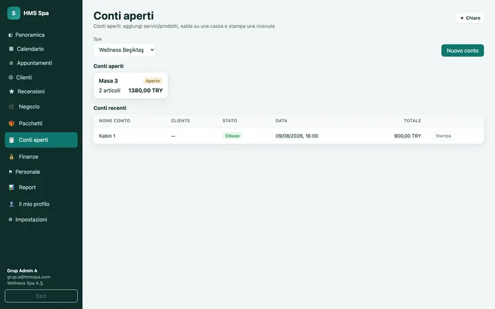 Pannello web HMS Spa — Conti aperti