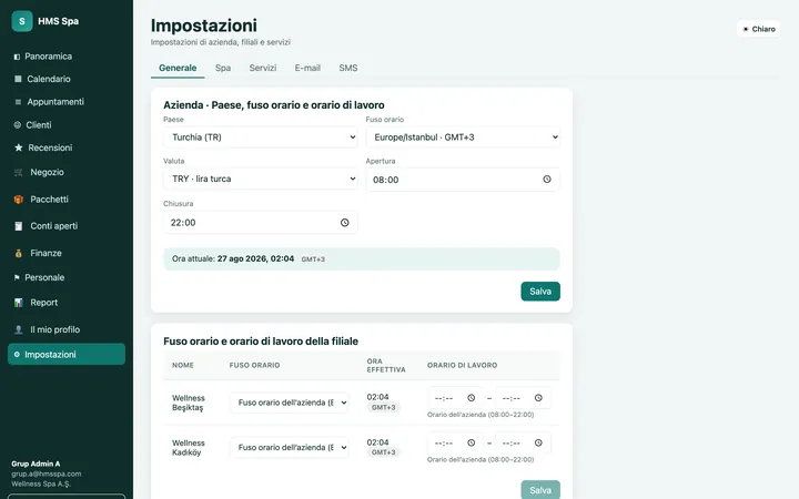 Pannello web HMS Spa — Impostazioni