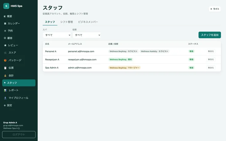 HMS Spa Web管理画面 — スタッフ