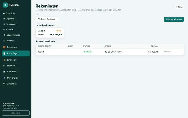 HMS Spa webpaneel — Openstaande rekeningen