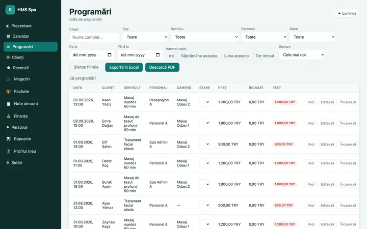 Panoul web HMS Spa — Programări