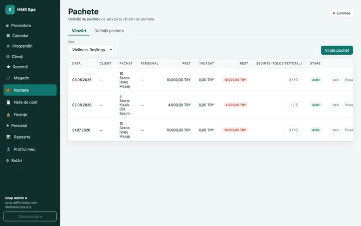 Panoul web HMS Spa — Pachete