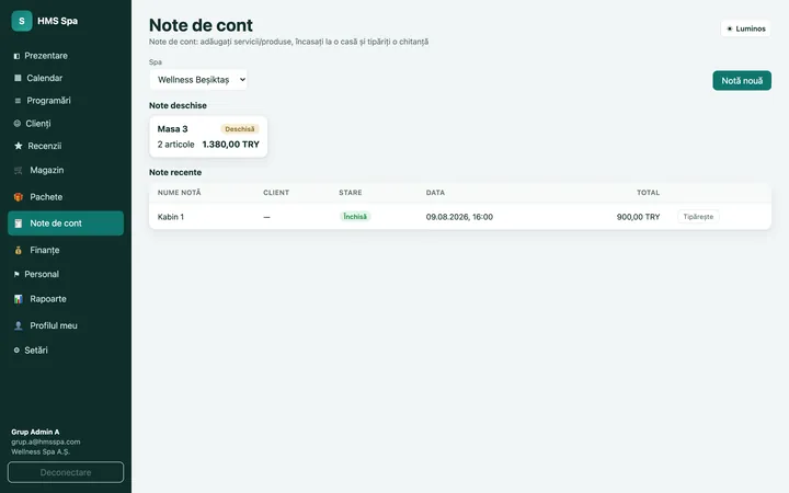 Panoul web HMS Spa — Note deschise