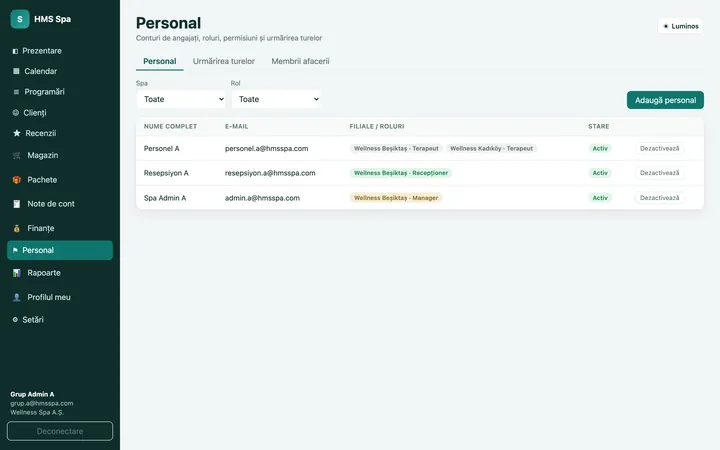 Panoul web HMS Spa — Personal