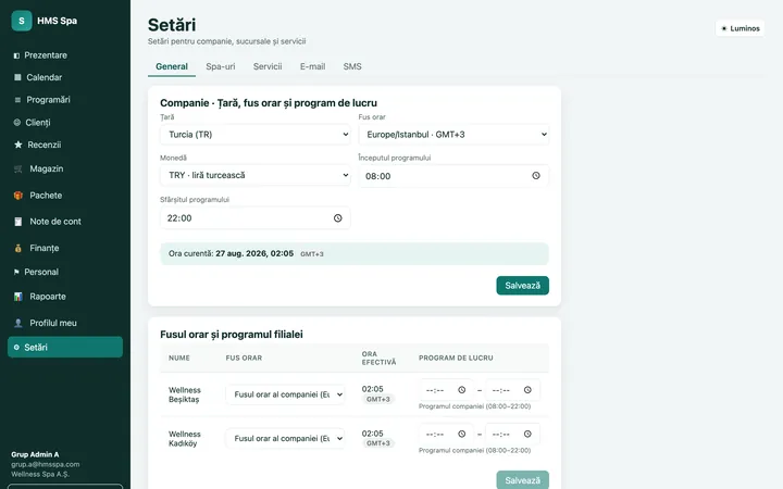 Panoul web HMS Spa — Setări