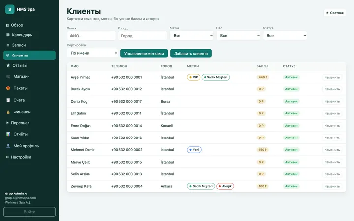 Веб-панель HMS Spa — Клиенты