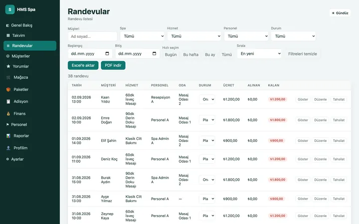 HMS Spa web paneli — Randevular