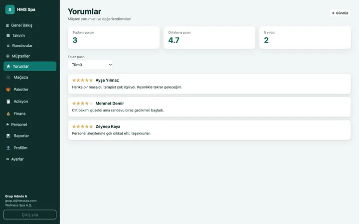 HMS Spa web paneli — Yorumlar