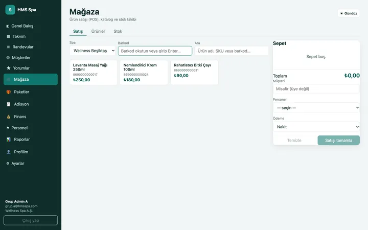 HMS Spa web paneli — Mağaza (POS)