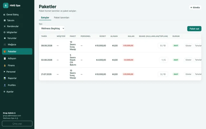 HMS Spa web paneli — Paketler