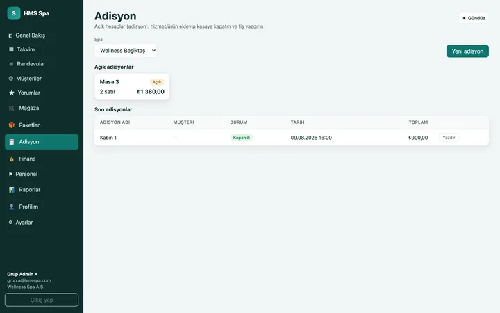 HMS Spa web paneli — Açık adisyonlar